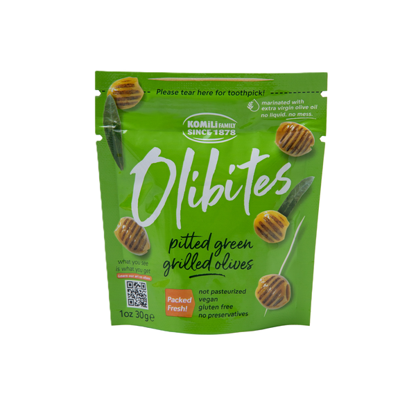 Olibites Pitted Green Grilled Olives 1 oz Olibites Pitted Green Grilled Olives 1 oz
