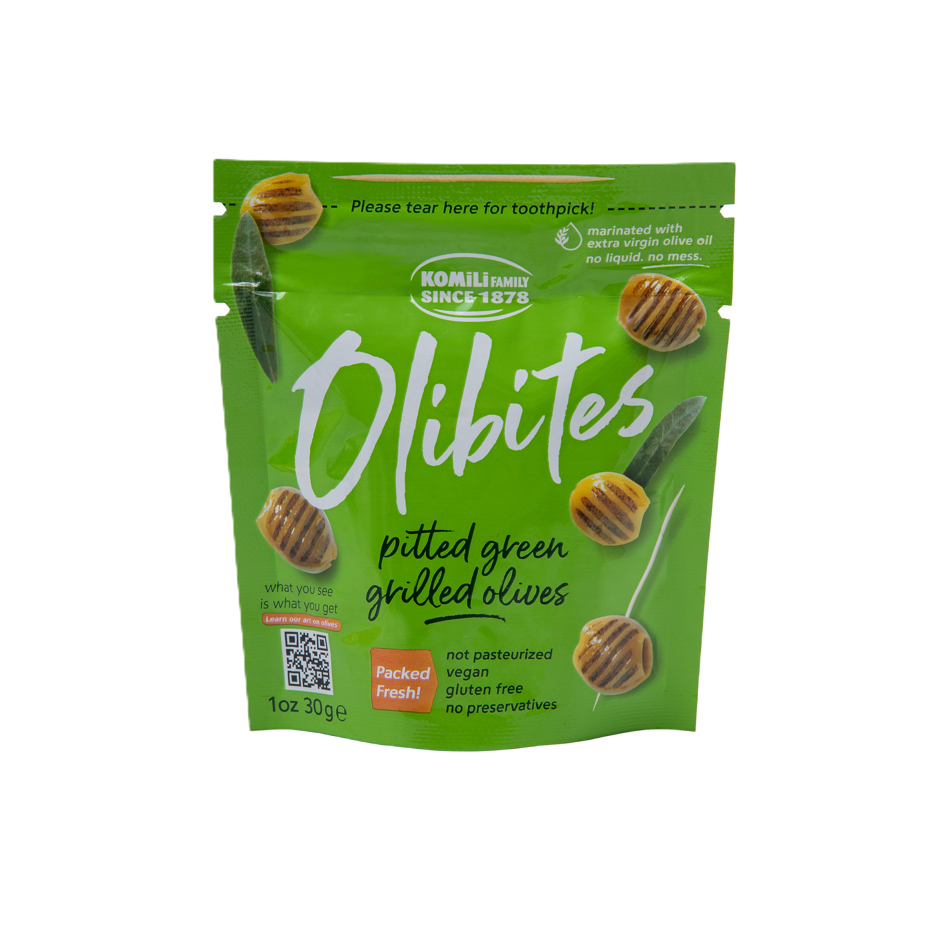 Olibites Pitted Green Grilled Olives 1 oz